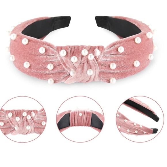 Women’s Pink Velvet Twist Knot Faux Pearl Embellished Headband NWT - Picture 4 of 4
